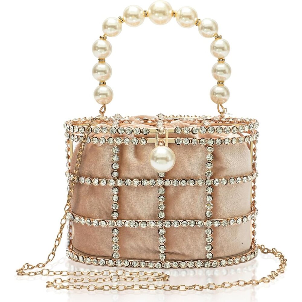 ⚡Women's Tan Detachable Pearl Diamond Chain Soft‎ Velvet Shoulder Clutch Handbag